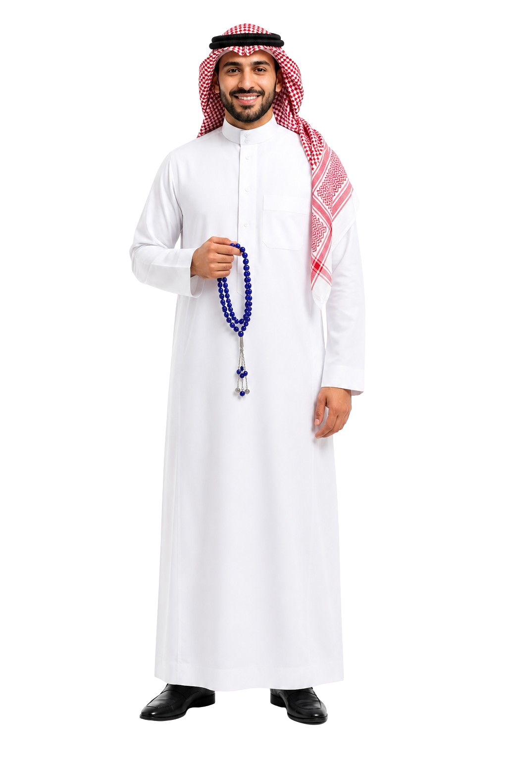 رجل سعودي يرتدي ثوباً وشماغاً مفصّلين على مقاسه